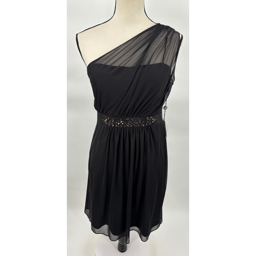 Adrianna Papell One Shoulder Dress Womens 4 Black Beaded Waist Cocktail Event